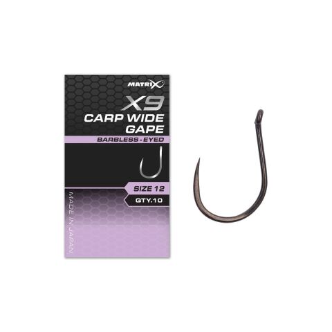 Matrix X9 Carp Wide Gape Size 12 Barbless - Eyed